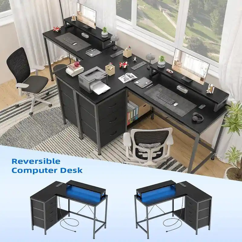 L-Shaped Gaming Desk - 7-Color LED Lights, 4 Power Outlets & 2 USB Ports, 3 Fabric Drawers, Removable Monitor Stand, Ergonomic