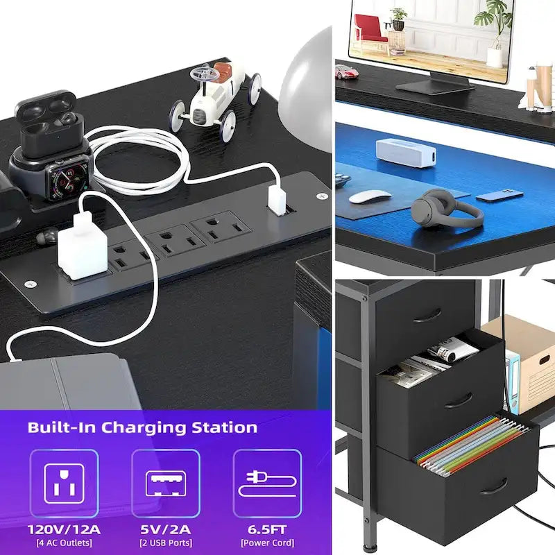 L-Shaped Gaming Desk - 7-Color LED Lights, 4 Power Outlets & 2 USB Ports, 3 Fabric Drawers, Removable Monitor Stand, Ergonomic