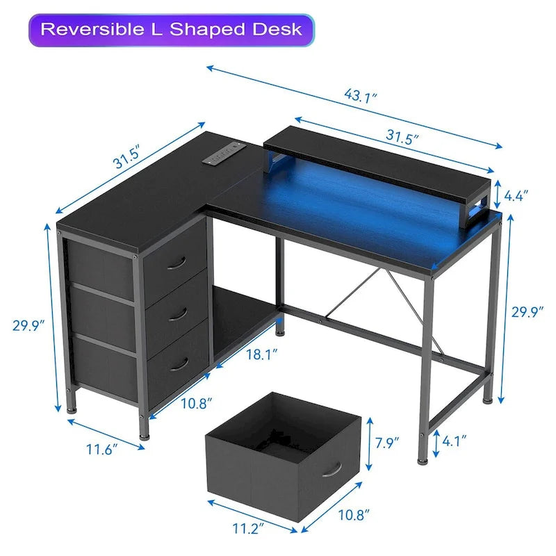 L-Shaped Gaming Desk - 7-Color LED Lights, 4 Power Outlets & 2 USB Ports, 3 Fabric Drawers, Removable Monitor Stand, Ergonomic