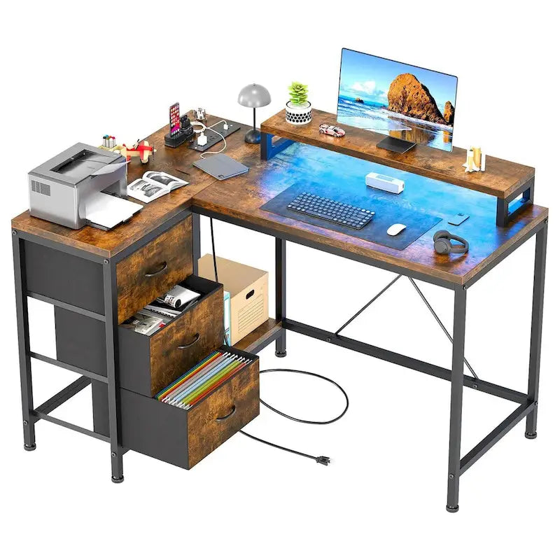 L-Shaped Gaming Desk - 7-Color LED Lights, 4 Power Outlets & 2 USB Ports, 3 Fabric Drawers, Removable Monitor Stand, Ergonomic