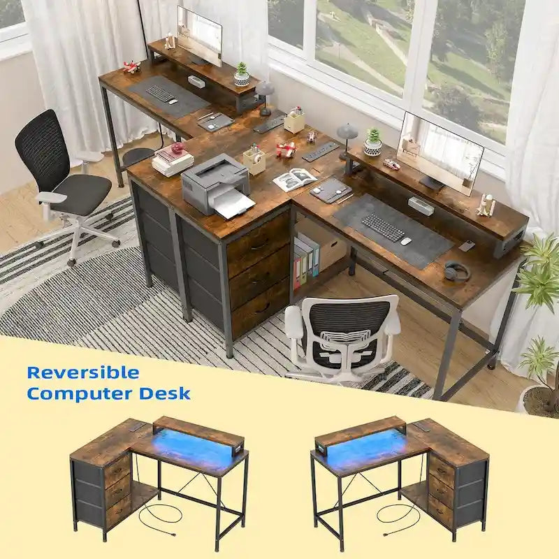 L-Shaped Gaming Desk - 7-Color LED Lights, 4 Power Outlets & 2 USB Ports, 3 Fabric Drawers, Removable Monitor Stand, Ergonomic
