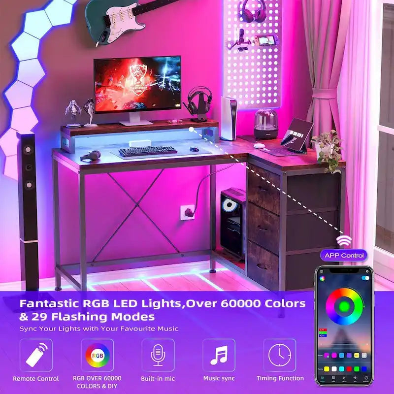 L-Shaped Gaming Desk - 7-Color LED Lights, 4 Power Outlets & 2 USB Ports, 3 Fabric Drawers, Removable Monitor Stand, Ergonomic