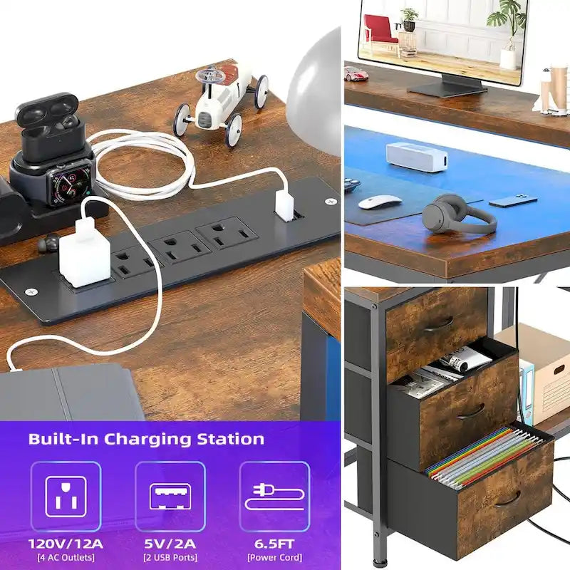 L-Shaped Gaming Desk - 7-Color LED Lights, 4 Power Outlets & 2 USB Ports, 3 Fabric Drawers, Removable Monitor Stand, Ergonomic