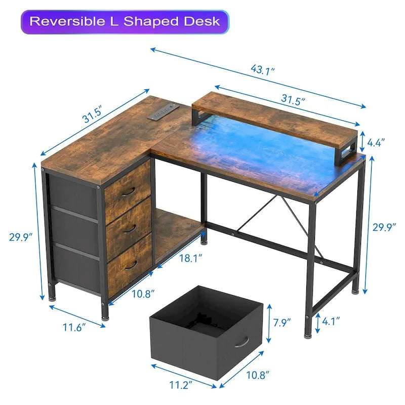 L-Shaped Gaming Desk - 7-Color LED Lights, 4 Power Outlets & 2 USB Ports, 3 Fabric Drawers, Removable Monitor Stand, Ergonomic