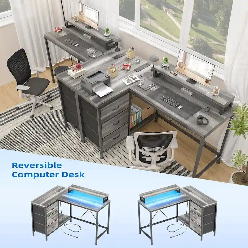 L-Shaped Gaming Desk - 7-Color LED Lights, 4 Power Outlets & 2 USB Ports, 3 Fabric Drawers, Removable Monitor Stand, Ergonomic