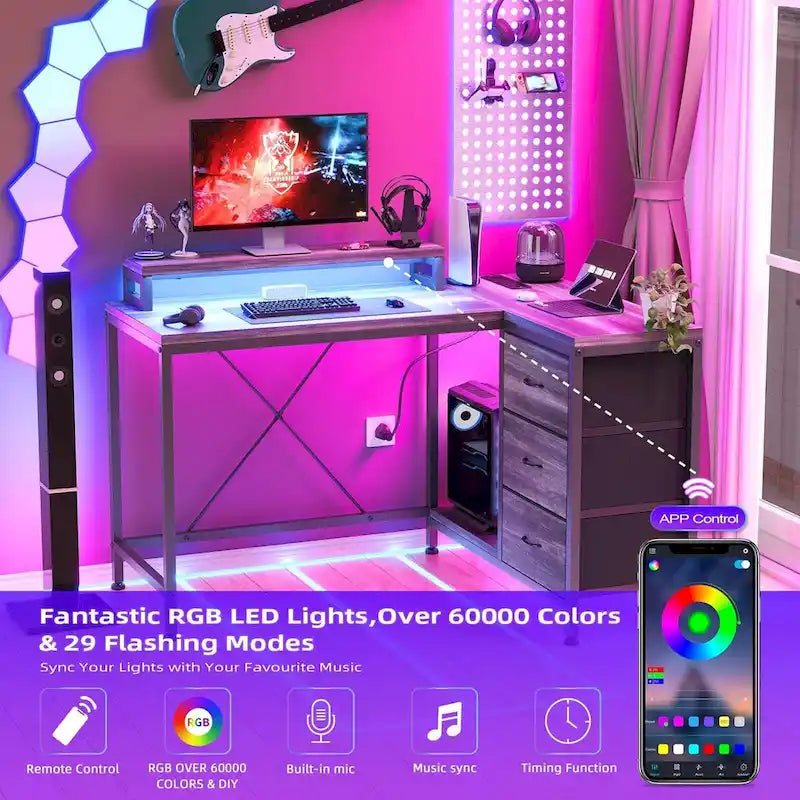 L-Shaped Gaming Desk - 7-Color LED Lights, 4 Power Outlets & 2 USB Ports, 3 Fabric Drawers, Removable Monitor Stand, Ergonomic