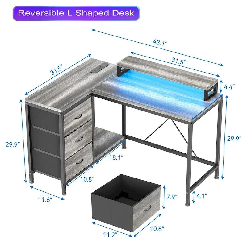 L-Shaped Gaming Desk - 7-Color LED Lights, 4 Power Outlets & 2 USB Ports, 3 Fabric Drawers, Removable Monitor Stand, Ergonomic