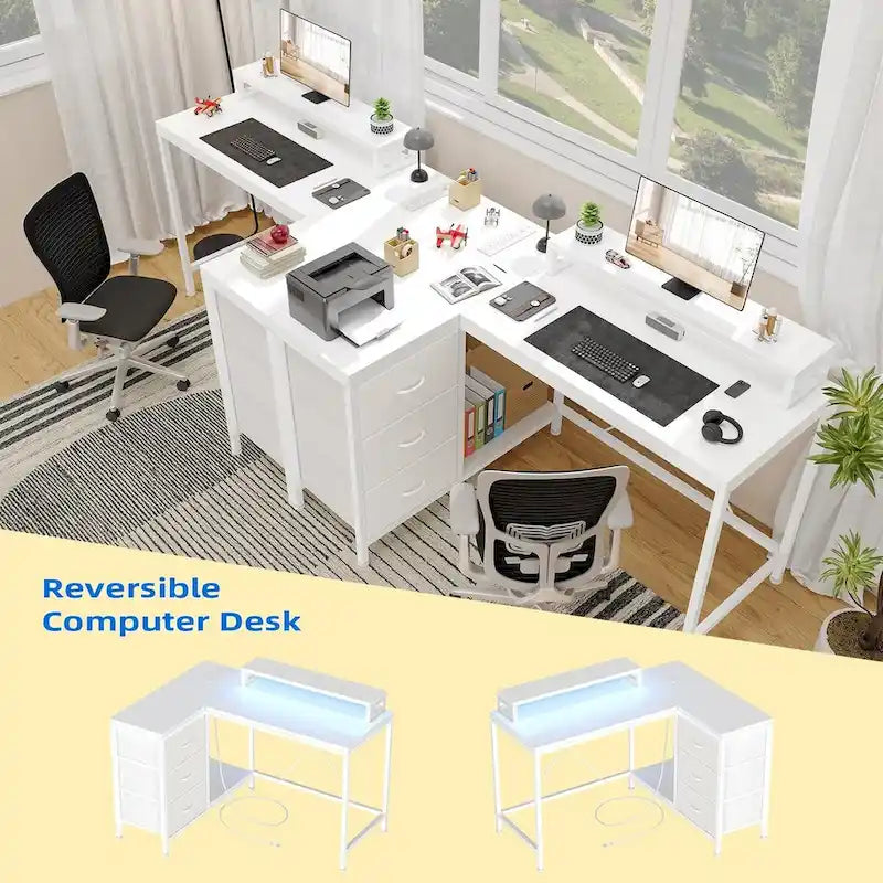 L-Shaped Gaming Desk - 7-Color LED Lights, 4 Power Outlets & 2 USB Ports, 3 Fabric Drawers, Removable Monitor Stand, Ergonomic