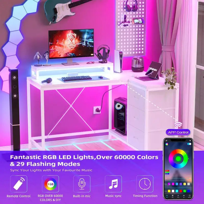 L-Shaped Gaming Desk - 7-Color LED Lights, 4 Power Outlets & 2 USB Ports, 3 Fabric Drawers, Removable Monitor Stand, Ergonomic