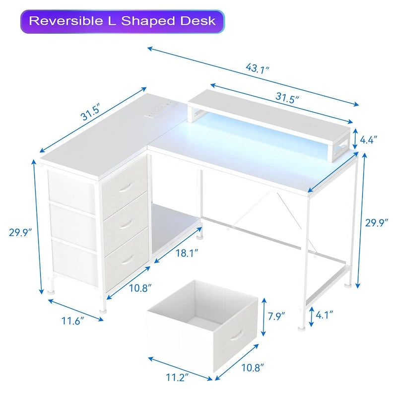L-Shaped Gaming Desk - 7-Color LED Lights, 4 Power Outlets & 2 USB Ports, 3 Fabric Drawers, Removable Monitor Stand, Ergonomic