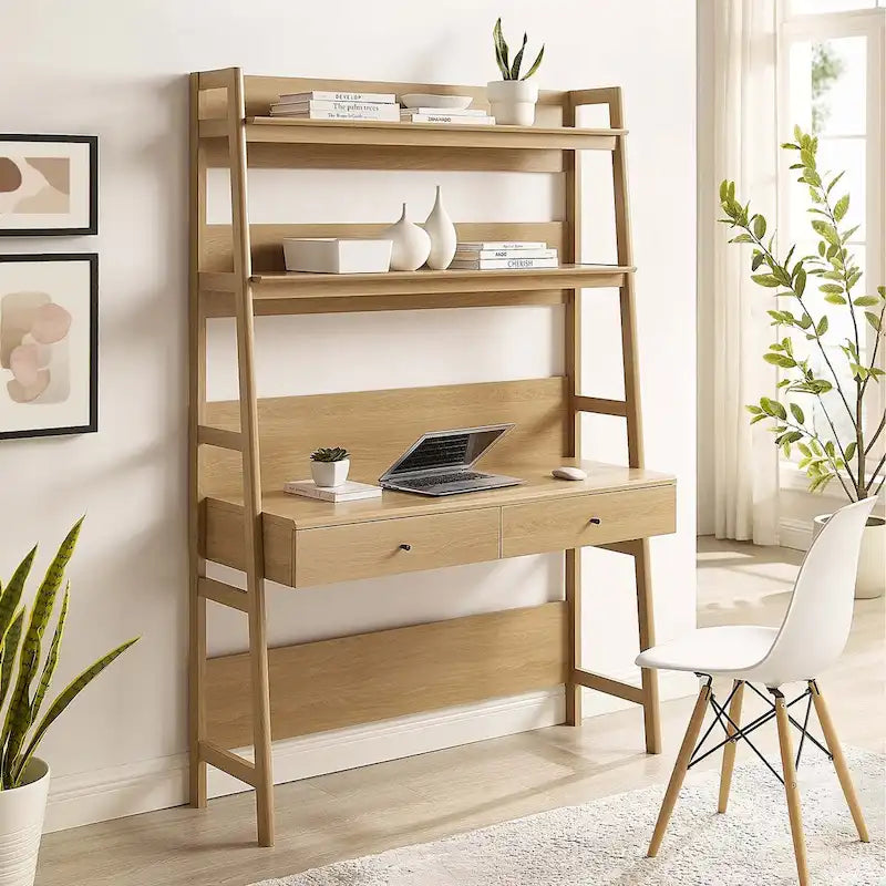 Modern Office Desk with 2 Pull-Out Drawers Built-In Tiered Bookshelf Particleboard MDF Construction Home Workspace