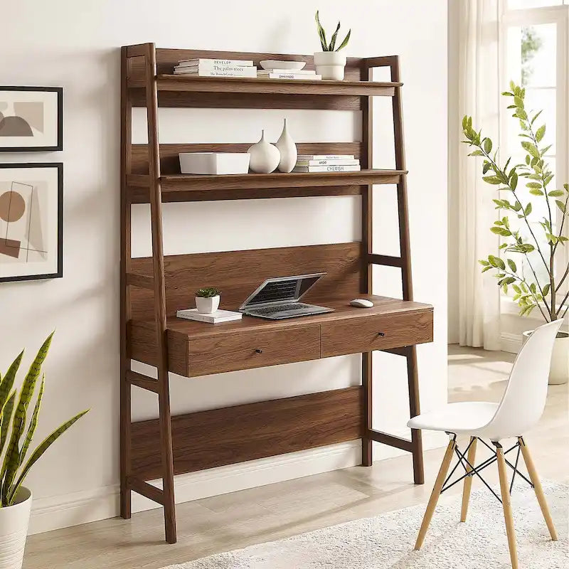 Modern Office Desk with 2 Pull-Out Drawers Built-In Tiered Bookshelf Particleboard MDF Construction Home Workspace