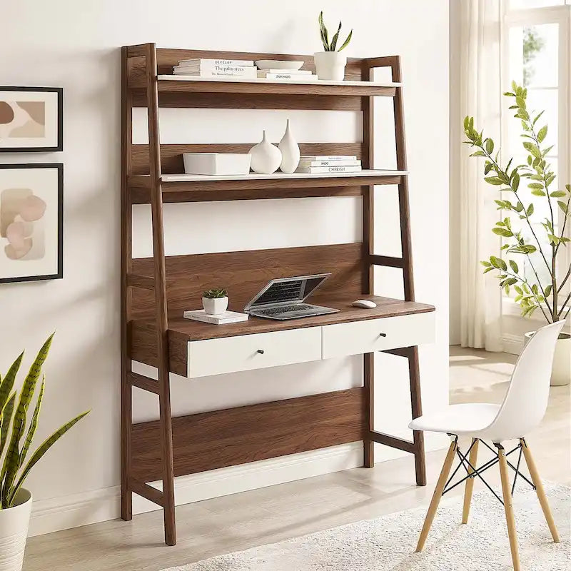 Modern Office Desk with 2 Pull-Out Drawers Built-In Tiered Bookshelf Particleboard MDF Construction Home Workspace