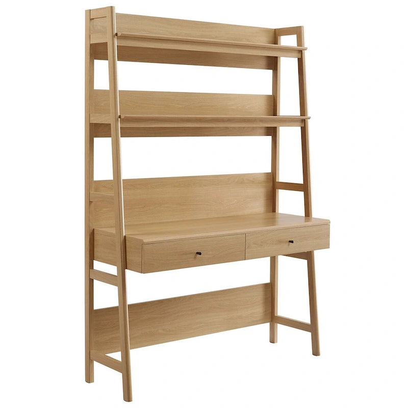 Modern Office Desk with 2 Pull-Out Drawers Built-In Tiered Bookshelf Particleboard MDF Construction Home Workspace