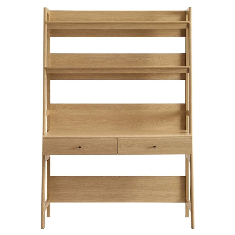 Modern Office Desk with 2 Pull-Out Drawers Built-In Tiered Bookshelf Particleboard MDF Construction Home Workspace