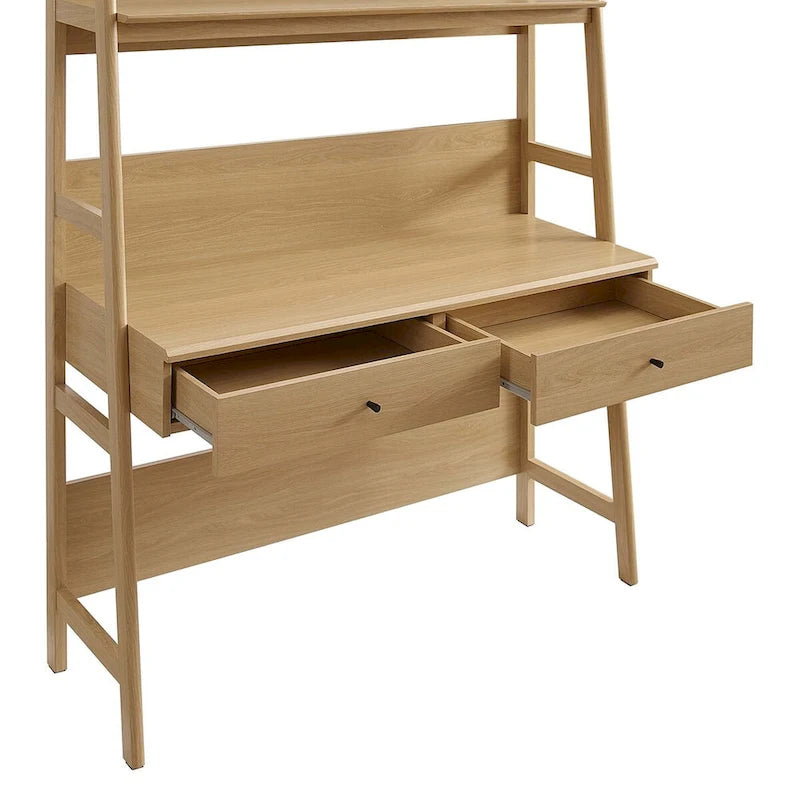 Modern Office Desk with 2 Pull-Out Drawers Built-In Tiered Bookshelf Particleboard MDF Construction Home Workspace