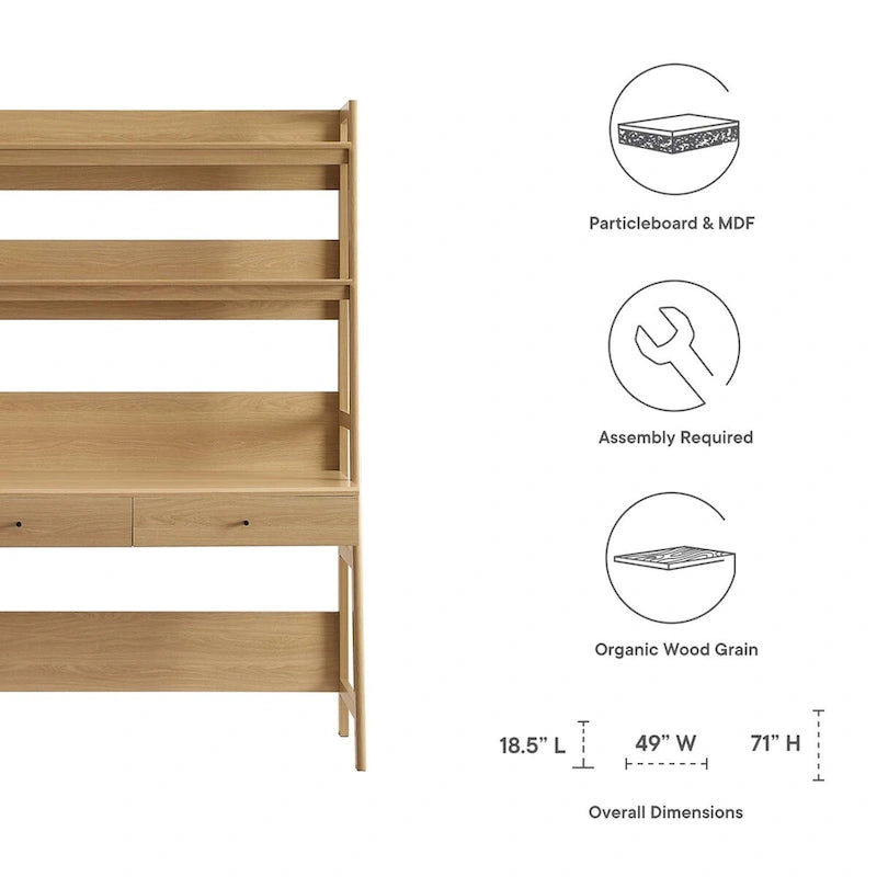 Modern Office Desk with 2 Pull-Out Drawers Built-In Tiered Bookshelf Particleboard MDF Construction Home Workspace