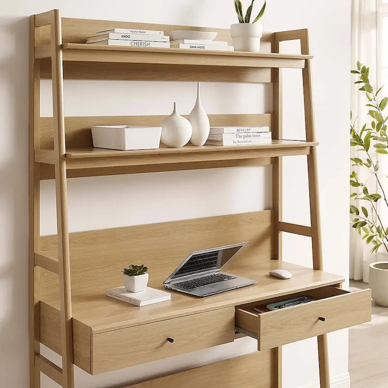Modern Office Desk with 2 Pull-Out Drawers Built-In Tiered Bookshelf Particleboard MDF Construction Home Workspace
