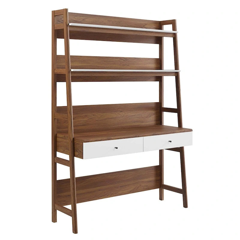 Modern Office Desk with 2 Pull-Out Drawers Built-In Tiered Bookshelf Particleboard MDF Construction Home Workspace