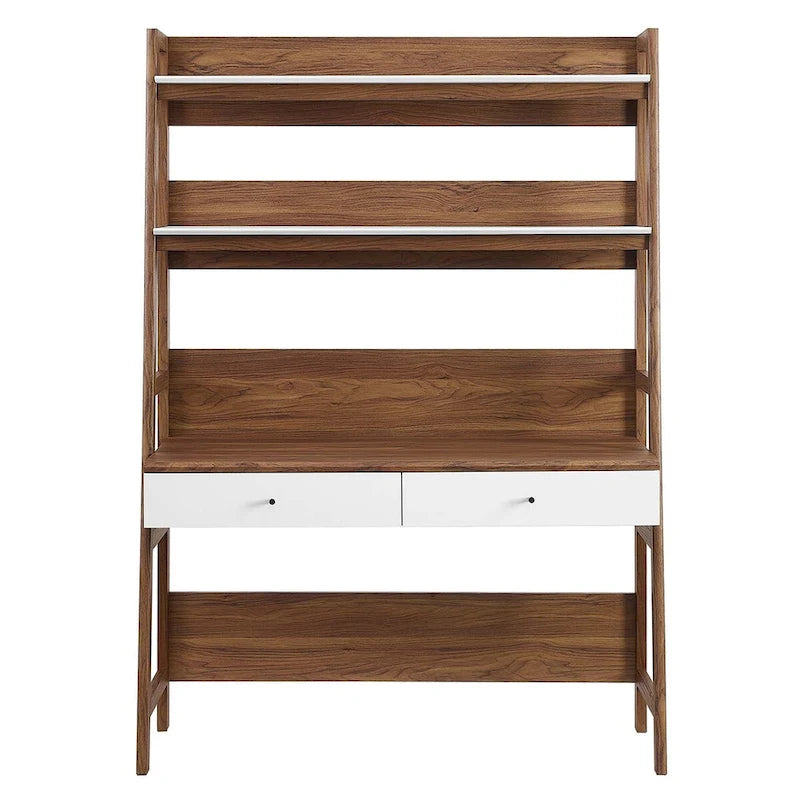 Modern Office Desk with 2 Pull-Out Drawers Built-In Tiered Bookshelf Particleboard MDF Construction Home Workspace
