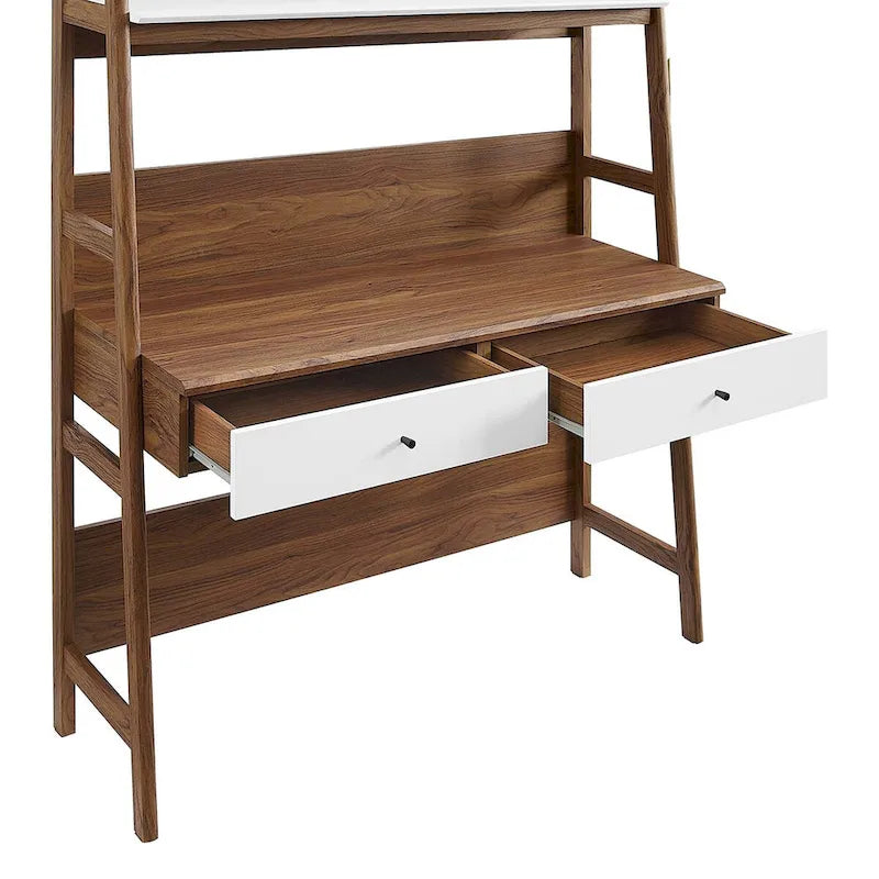 Modern Office Desk with 2 Pull-Out Drawers Built-In Tiered Bookshelf Particleboard MDF Construction Home Workspace