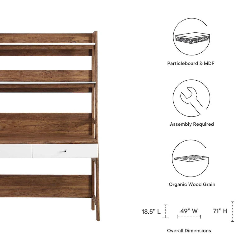 Modern Office Desk with 2 Pull-Out Drawers Built-In Tiered Bookshelf Particleboard MDF Construction Home Workspace