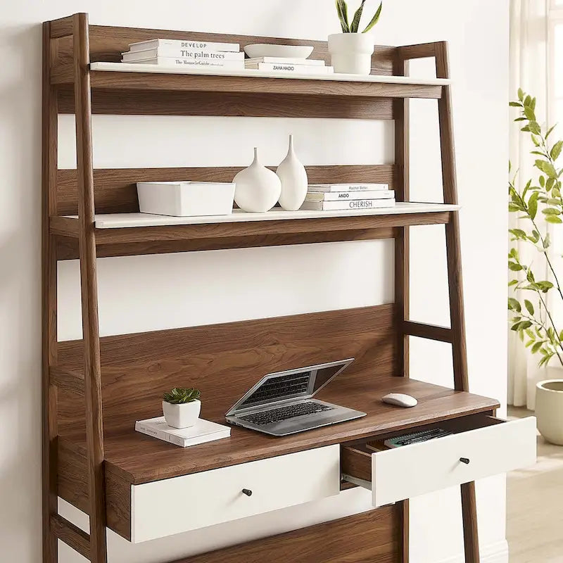 Modern Office Desk with 2 Pull-Out Drawers Built-In Tiered Bookshelf Particleboard MDF Construction Home Workspace