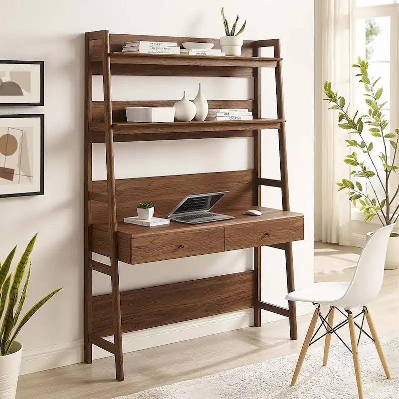 Modern Office Desk with 2 Pull-Out Drawers Built-In Tiered Bookshelf Particleboard MDF Construction Home Workspace