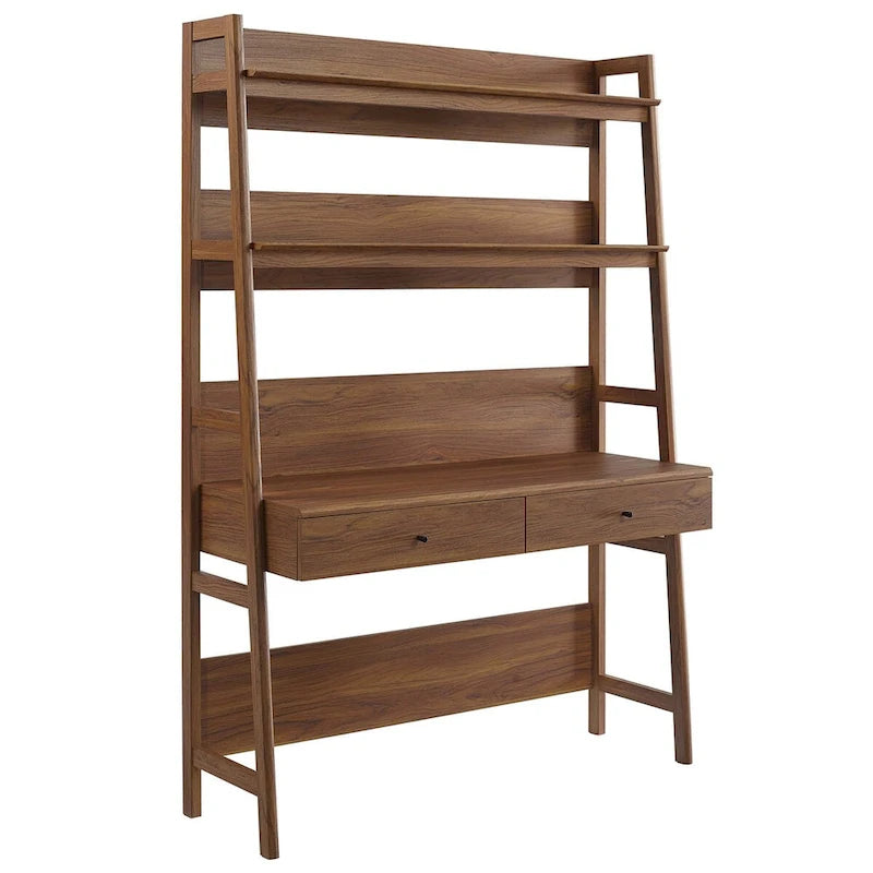Modern Office Desk with 2 Pull-Out Drawers Built-In Tiered Bookshelf Particleboard MDF Construction Home Workspace