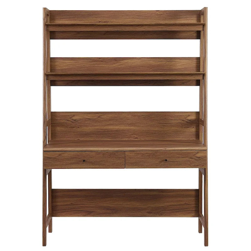Modern Office Desk with 2 Pull-Out Drawers Built-In Tiered Bookshelf Particleboard MDF Construction Home Workspace