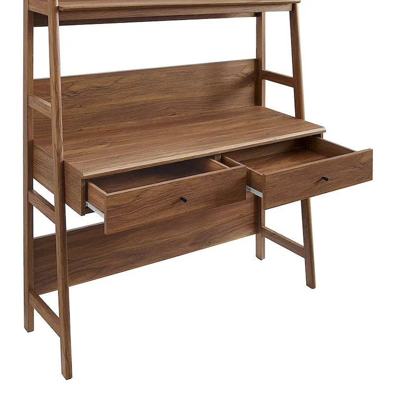 Modern Office Desk with 2 Pull-Out Drawers Built-In Tiered Bookshelf Particleboard MDF Construction Home Workspace