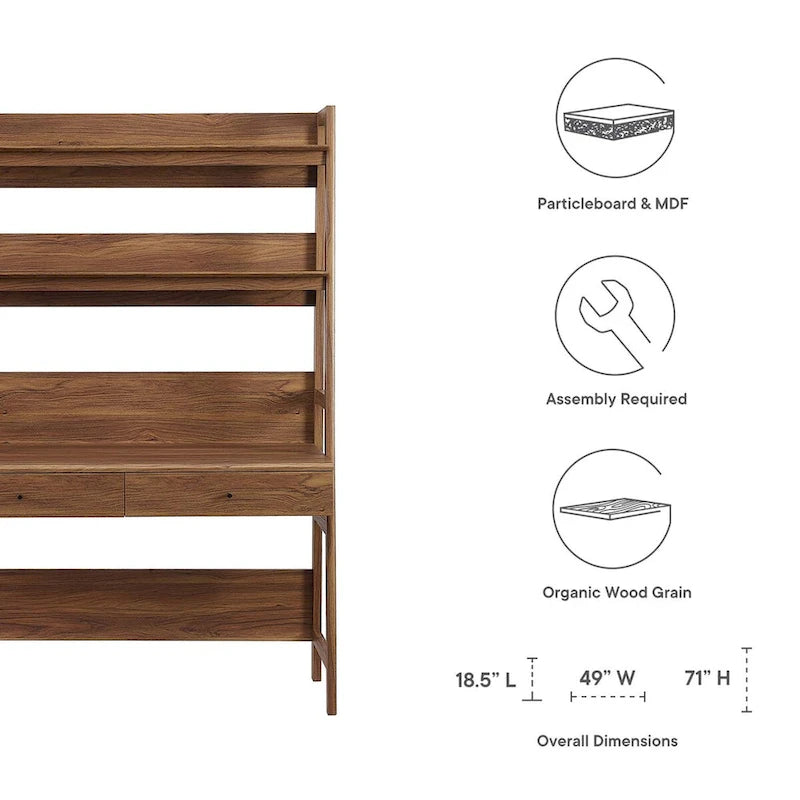 Modern Office Desk with 2 Pull-Out Drawers Built-In Tiered Bookshelf Particleboard MDF Construction Home Workspace