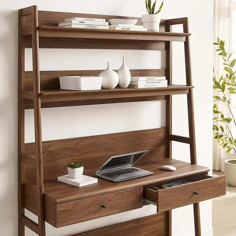 Modern Office Desk with 2 Pull-Out Drawers Built-In Tiered Bookshelf Particleboard MDF Construction Home Workspace