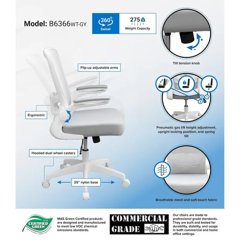 Ergonomic Mesh Task Chair with Flip-Up Arms & Pneumatic Height Adjustment - Breathable Back, Tilt Tension Control, 275 lbs Capacity - Grey Office Chair