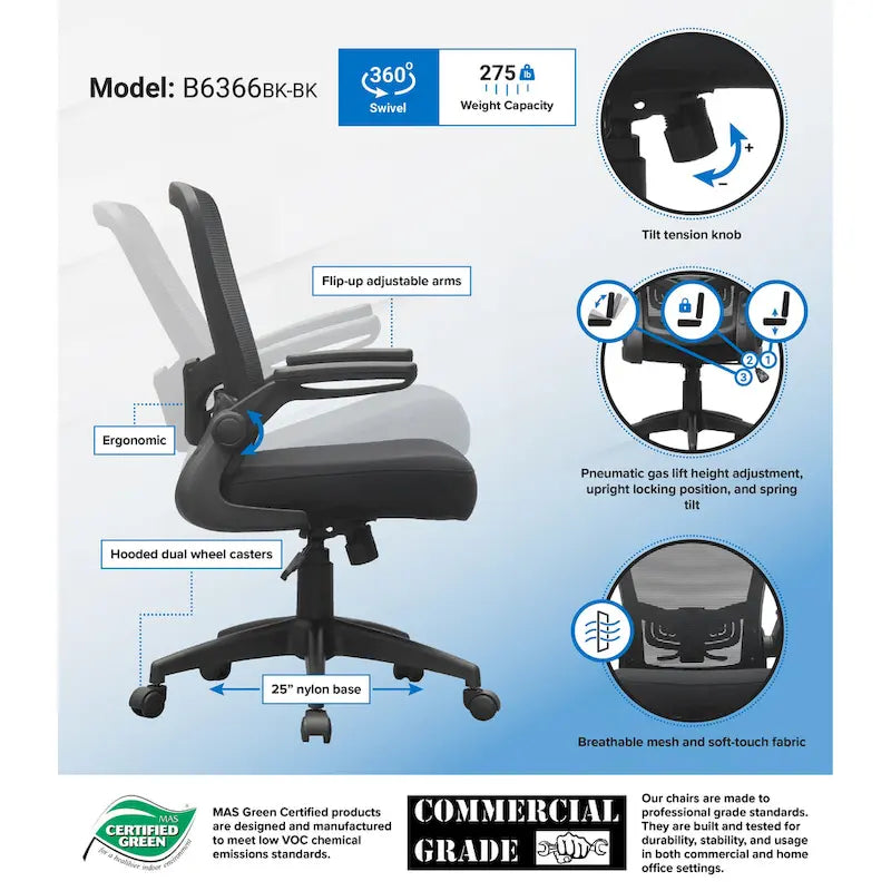 Ergonomic Mesh Task Chair with Flip-Up Arms & Pneumatic Height Adjustment - Breathable Back, Tilt Tension Control, 275 lbs Capacity - Grey Office Chair
