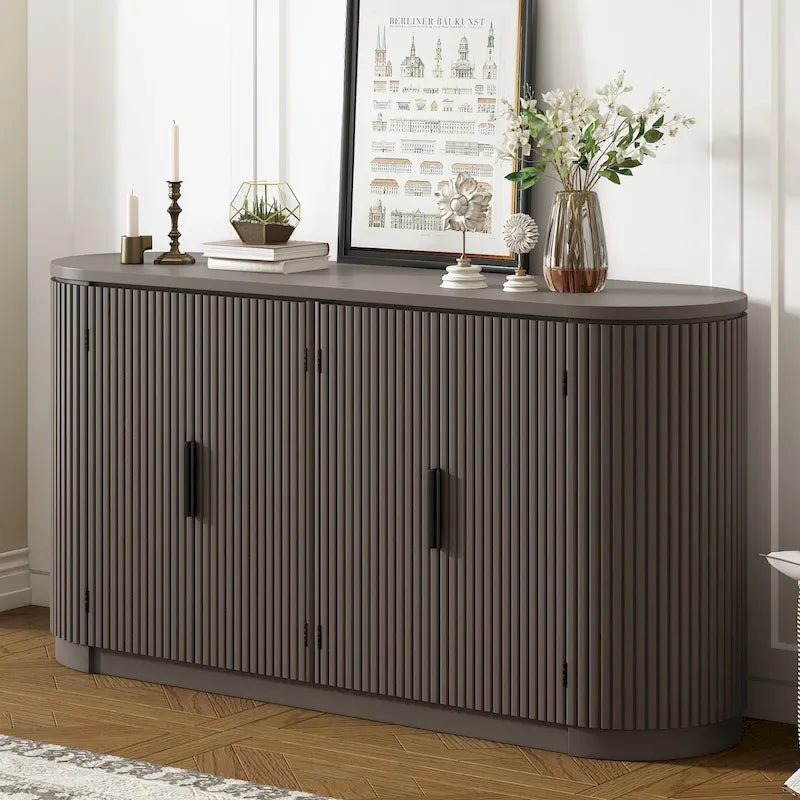 Vertical Striped Door Storage Cabinet with Metal Handles - MDF & Pine Veneer, 3 Adjustable Shelves