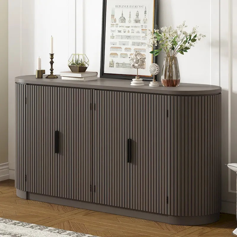 Vertical Striped Door Storage Cabinet with Metal Handles - MDF & Pine Veneer, 3 Adjustable Shelves