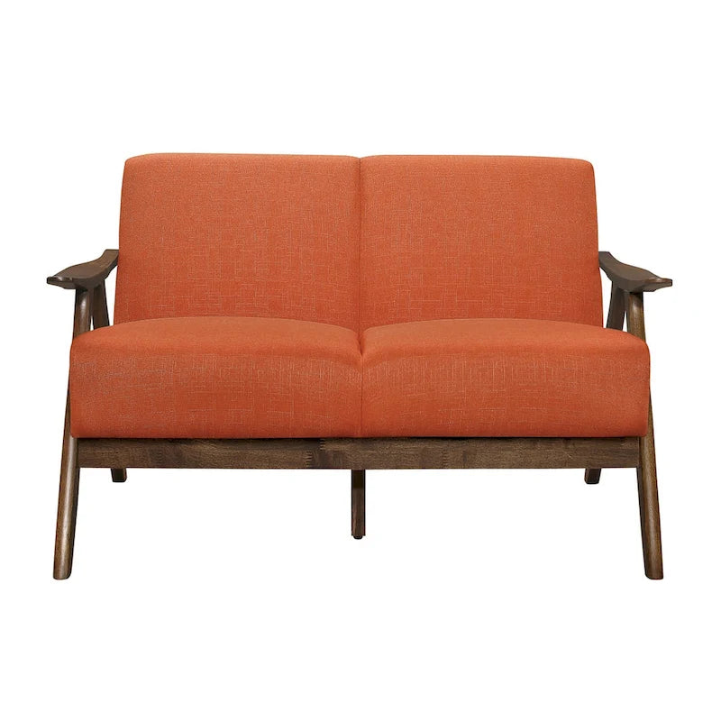 Indy 51 Inch Loveseat, Brown Wood Angled Frame, Textured Orange Fabric