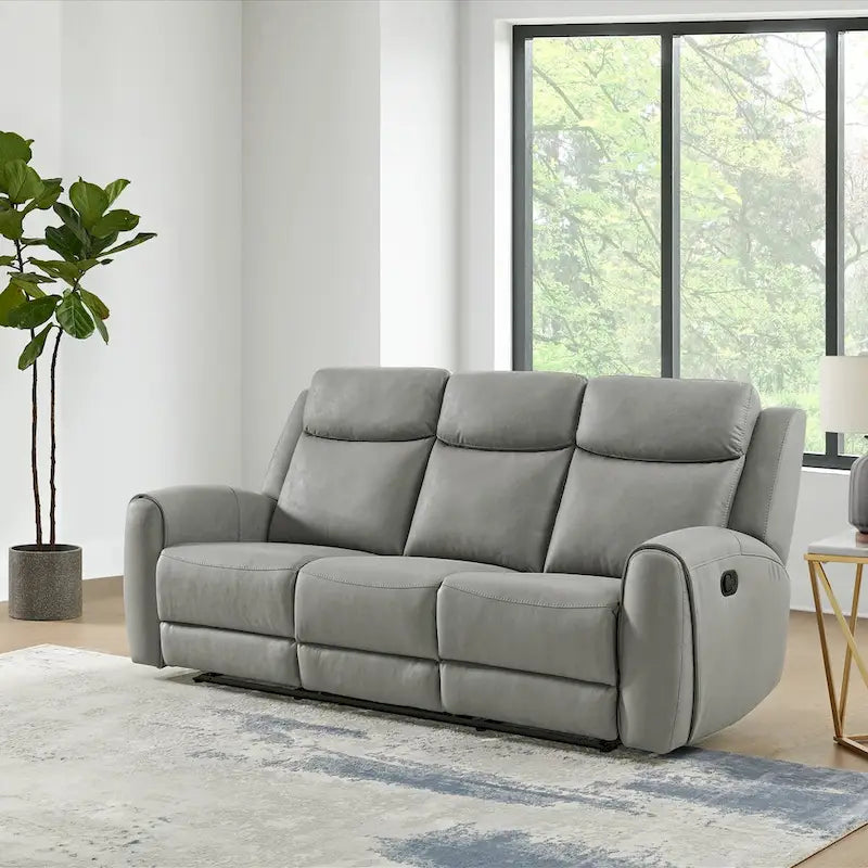 Transitional Manual Reclining Sofa in Gray - Cushioned Back, Track Arms, Pull-Tab Lever, 3-Seater