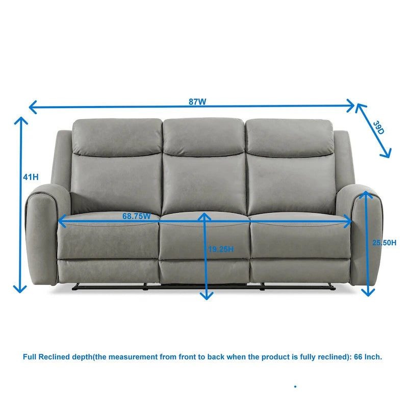 Transitional Manual Reclining Sofa in Gray - Cushioned Back, Track Arms, Pull-Tab Lever, 3-Seater