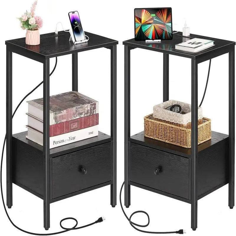 Side Table with Charging Station - 2 AC Outlets & 3 USB Ports, 1 Drawer, Open Shelf, 11.8x15.7x23.6", Compact End Table
