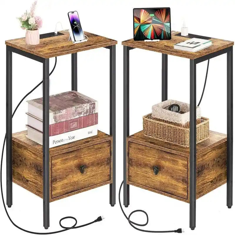 Side Table with Charging Station - 2 AC Outlets & 3 USB Ports, 1 Drawer, Open Shelf, 11.8x15.7x23.6", Compact End Table