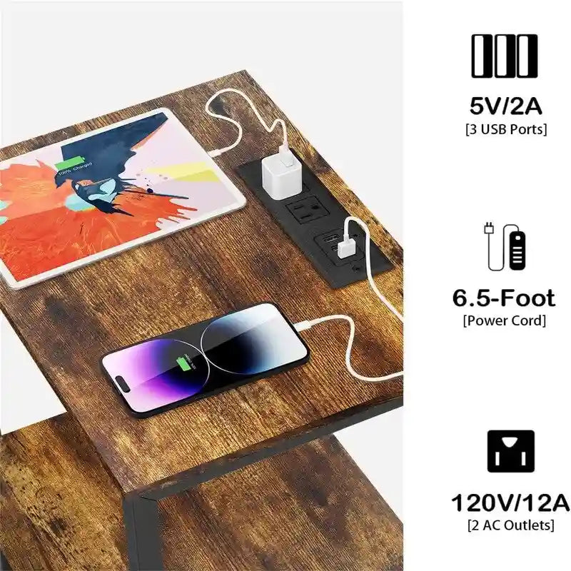 Side Table with Charging Station - 2 AC Outlets & 3 USB Ports, 1 Drawer, Open Shelf, 11.8x15.7x23.6", Compact End Table