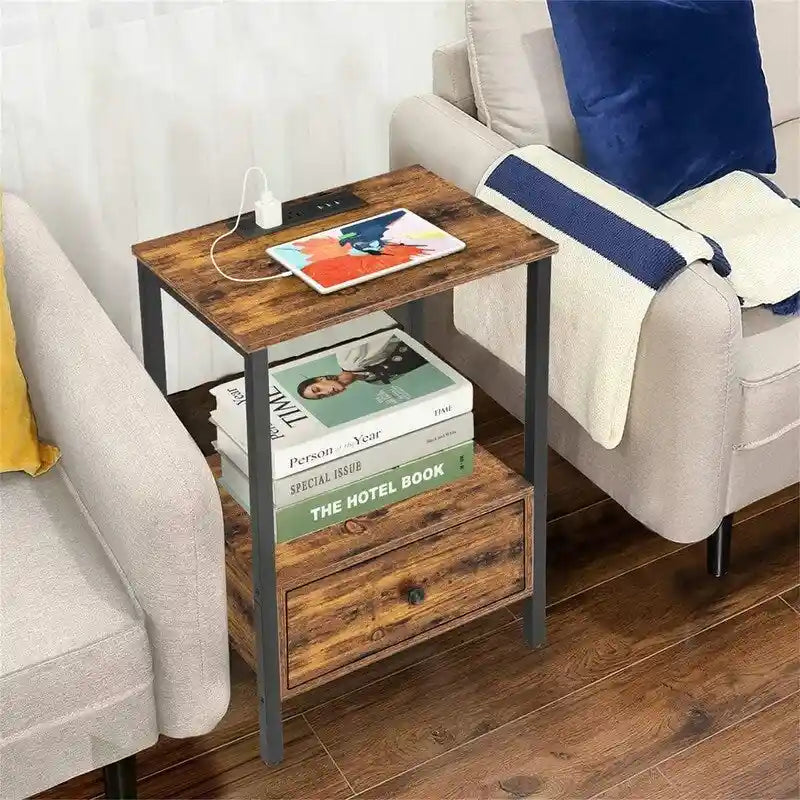 Side Table with Charging Station - 2 AC Outlets & 3 USB Ports, 1 Drawer, Open Shelf, 11.8x15.7x23.6", Compact End Table