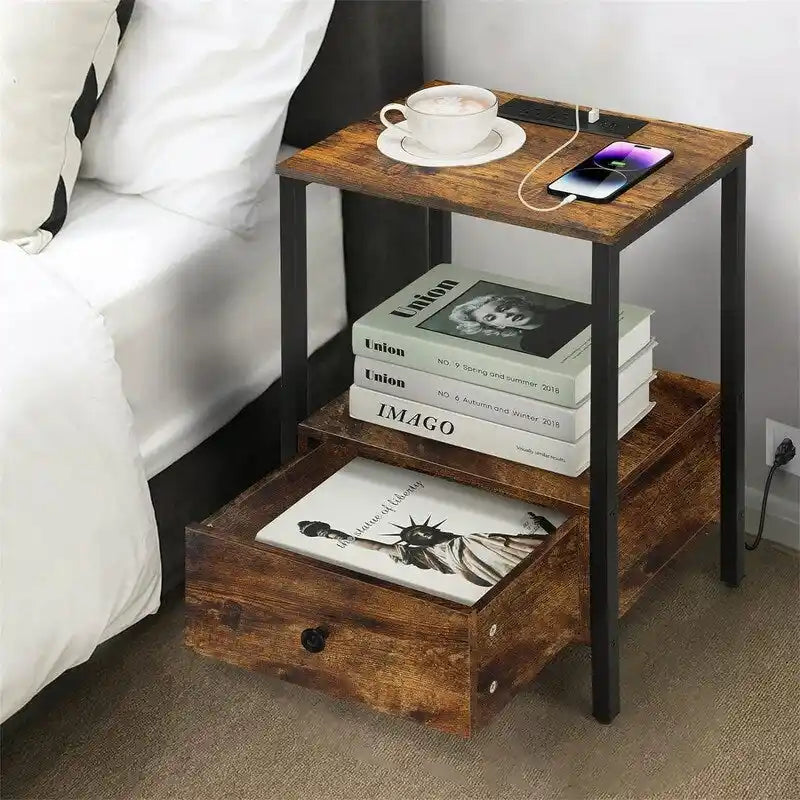 Side Table with Charging Station - 2 AC Outlets & 3 USB Ports, 1 Drawer, Open Shelf, 11.8x15.7x23.6", Compact End Table