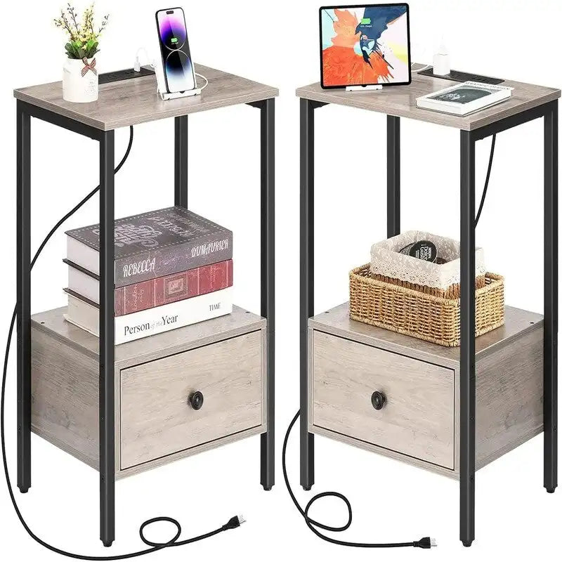 Side Table with Charging Station - 2 AC Outlets & 3 USB Ports, 1 Drawer, Open Shelf, 11.8x15.7x23.6", Compact End Table