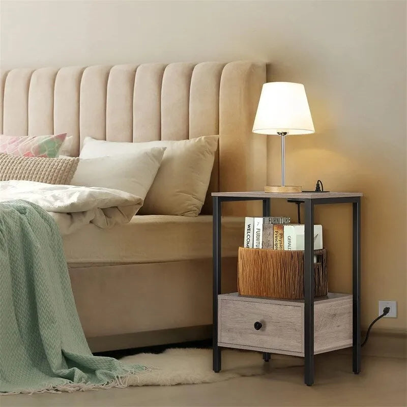 Side Table with Charging Station - 2 AC Outlets & 3 USB Ports, 1 Drawer, Open Shelf, 11.8x15.7x23.6", Compact End Table