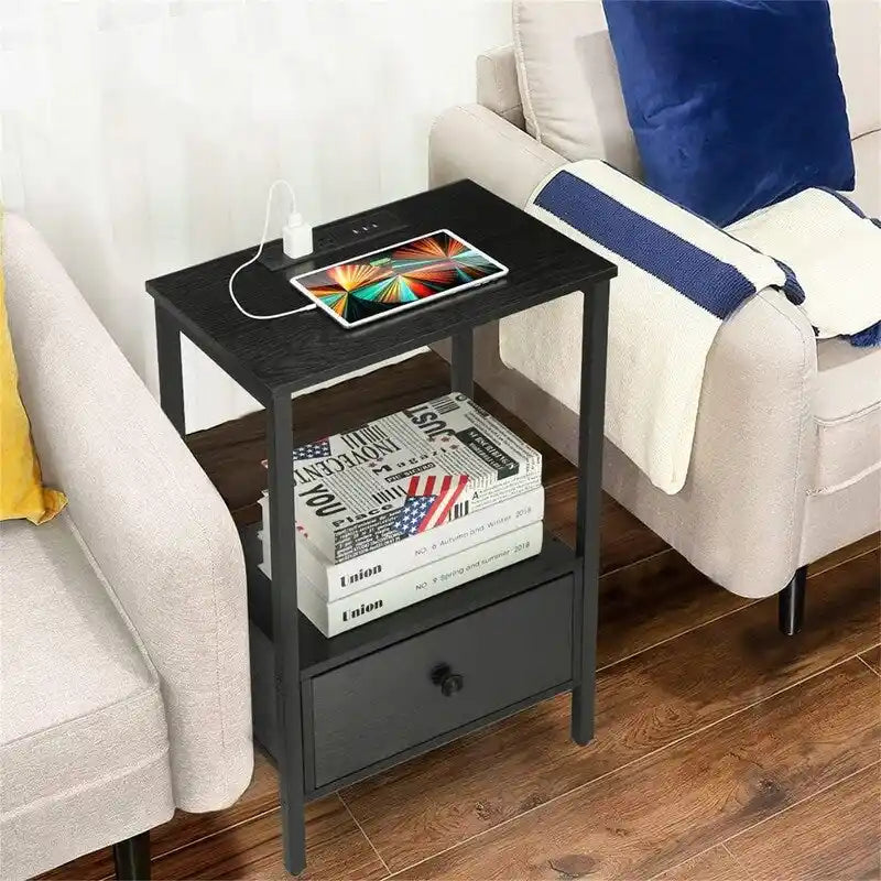 Side Table with Charging Station - 2 AC Outlets & 3 USB Ports, 1 Drawer, Open Shelf, 11.8x15.7x23.6", Compact End Table