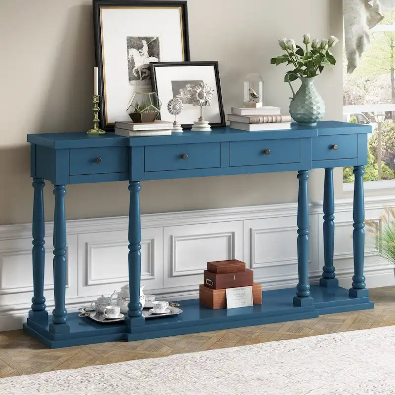 Retro Console Table - 4 Drawers & 1 Shelf, MDF Top with Pine Legs, 110lb Capacity, Black/White/Blue Available, Country Modern