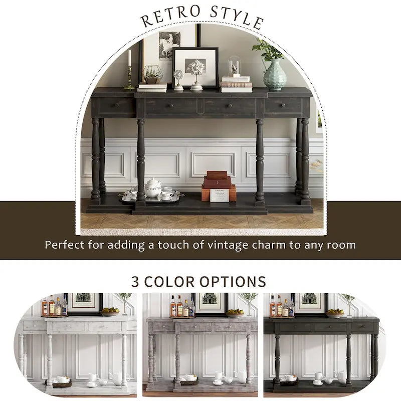 Retro Console Table - 4 Drawers & 1 Shelf, MDF Top with Pine Legs, 110lb Capacity, Black/White/Blue Available, Country Modern